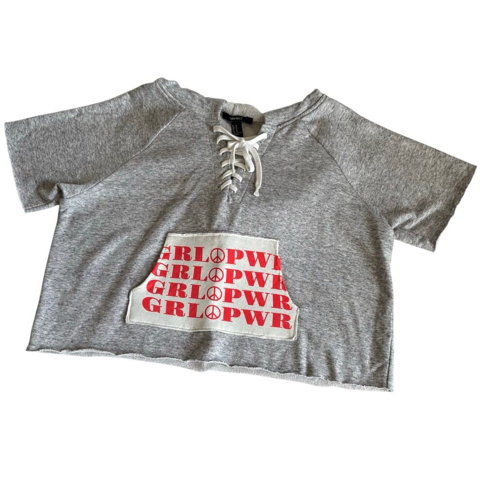 Reworked Forever 21 Gray Cropped Hooded Short Sleeve Sweater Girl Power Upcycle